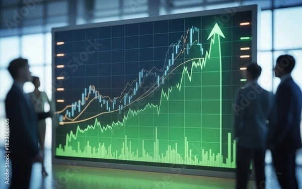 Fototapeta Dynamic stock market analysis showing impressive growth with business professionals in a modern office setting, a sign of success and financial prosperity