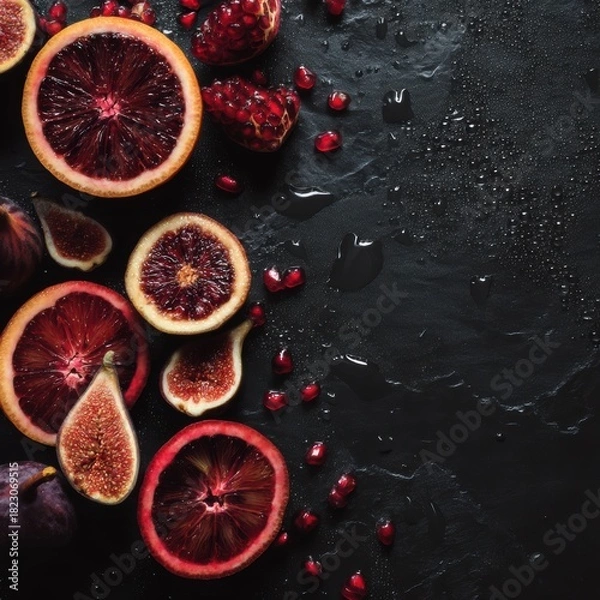 Fototapeta Sliced blood oranges pomegranates and figs on wet slate with glistening juice for moody luxury food frame layout concept

