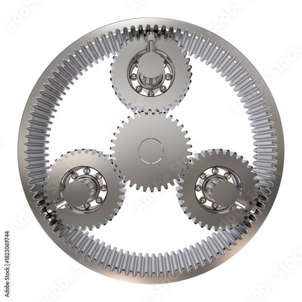 Fototapeta 3D render of a planetary gear system with sun, planet, and ring gears. Symmetrical layout highlights mechanical precision, torque distribution, and compact engineering design.
