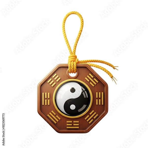 Obraz Traditional Bagua amulet featuring yin yang symbol with golden cord, representing balance, harmony, and spiritual protection, isolated on a transparent background, png, cutout.