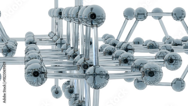Fototapeta Futuristic lattice of metallic spheres and rods forming a molecular structure. Reflective surfaces and geometric symmetry evoke nanotech, atomic modeling, and high-tech material science.