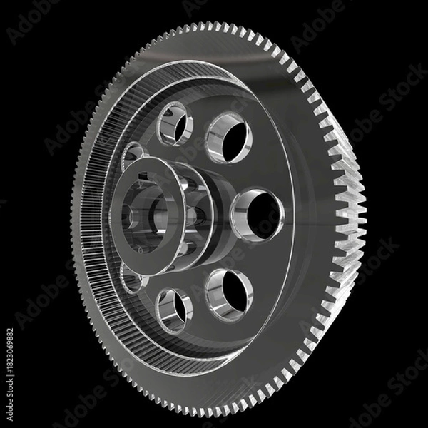 Fototapeta Detailed 3D render of a metallic gear with toothed edge and circular holes. Precision engineering and symmetry highlight mechanical design, industrial function, and manufacturing aesthetics.