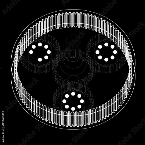 Fototapeta High-contrast schematic of a planetary gear system with sun, planet, and ring gears in symmetric alignment. Stylized white lines on black background emphasize mechanical precision and geometry.