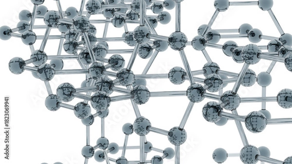 Fototapeta Futuristic lattice of metallic spheres and rods forming a molecular structure. Reflective surfaces and geometric symmetry evoke nanotech, atomic modeling, and high-tech material science.