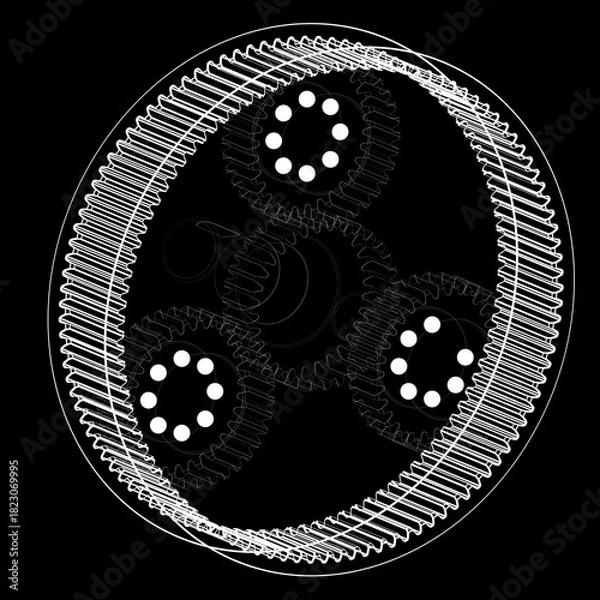Fototapeta High-contrast schematic of a planetary gear system with sun, planet, and ring gears in symmetric alignment. Stylized white lines on black background emphasize mechanical precision and geometry.