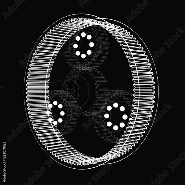 Fototapeta High-contrast schematic of a planetary gear system with sun, planet, and ring gears in symmetric alignment. Stylized white lines on black background emphasize mechanical precision and geometry.