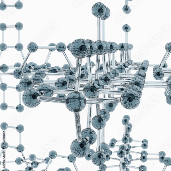 Fototapeta Futuristic lattice of metallic spheres and rods forming a molecular structure. Reflective surfaces and geometric symmetry evoke nanotech, atomic modeling, and high-tech material science.