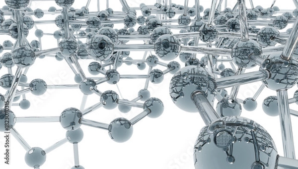 Fototapeta Futuristic lattice of metallic spheres and rods forming a molecular structure. Reflective surfaces and geometric symmetry evoke nanotech, atomic modeling, and high-tech material science.