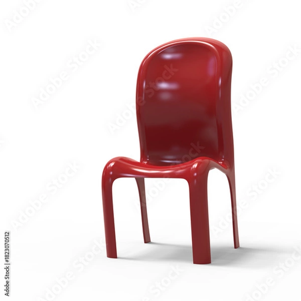 Fototapeta Glossy red plastic chair with smooth curves and high backrest. Seamless monoblock design emphasizes modern minimalism, ergonomic flow, and futuristic interior aesthetics.