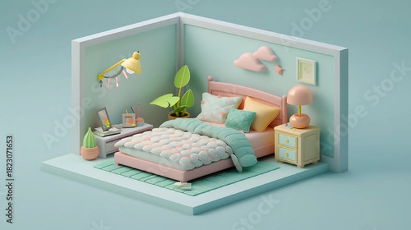 Obraz 3d isometric low-poly clay bedroom bed