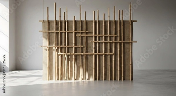 Fototapeta Empty square room with Natural bamboo poles mounted on beige textured fabric backdrop, creating rustic partition screen with organic materials