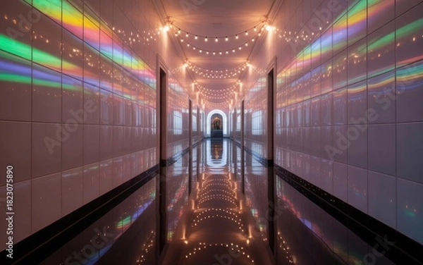 Fototapeta Mystical hallway with rainbow light streaks and soft string lights offers a dreamy, surreal vibe perfect for creative projects and atmospheric designs