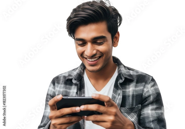 Fototapeta Young man playing game on smartphone isolated on transparent background