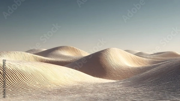 Fototapeta Soft, wind-shaped sand dunes stretch across a barren desert under a clear sky.
