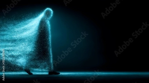 Obraz A glowing, ethereal figure made of blue particles slowly walks alone in a dark, empty space.