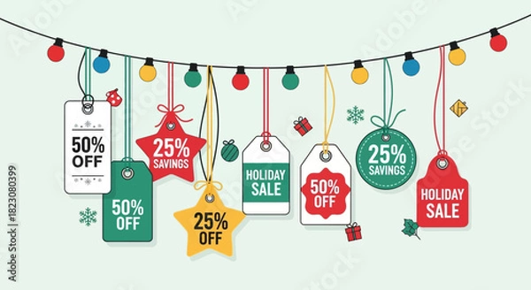Obraz Festive Holiday Sale: A collection of vibrant price tags dangle from a string of colorful lights, each offering enticing discounts and promoting the spirit of a holiday sale season.