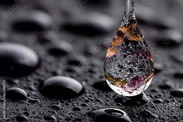Obraz A single water droplet hangs in midair, reflecting colorful light above a dark, wet surface.