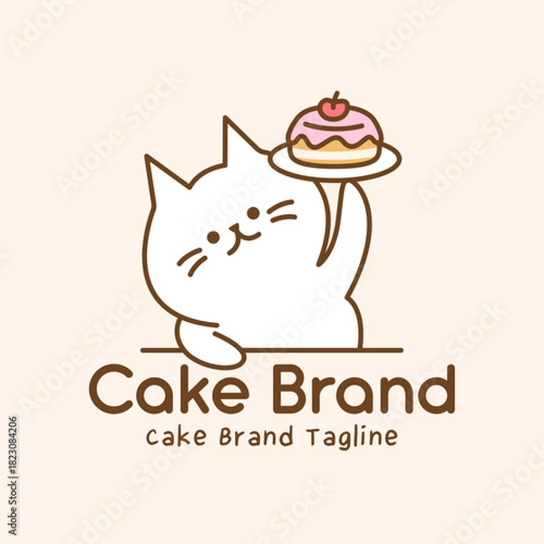 Obraz Adorable bakery logo featuring cat mascot holding pink frosted cake on plate with cherry. Cute illustration with soft pastels for patisserie branding and packaging.
