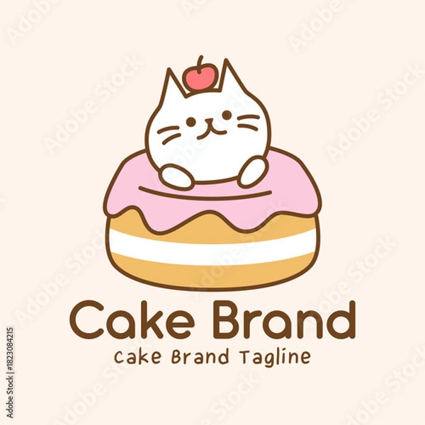 Obraz Cute bakery logo featuring cat mascot emerging from pink frosted cake with cherry on head. Playful illustration for dessert shop branding and packaging.