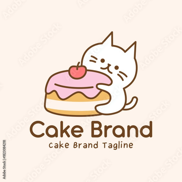 Obraz Charming bakery logo featuring cat mascot hugging pink frosted cake with cherry. Cute illustration with soft pastels for patisserie branding and packaging.
