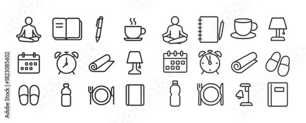 Fototapeta Minimalist daily routine icons: yoga, coffee, alarm, lamp, notebook, meditation
