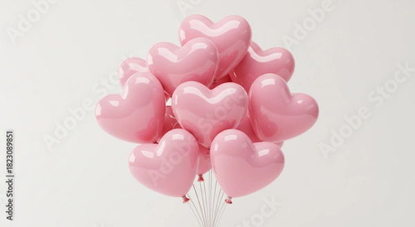 Fototapeta Glossy pink heart balloons glow with soft light on a clean background radiating sweet romantic joy. AI Generated