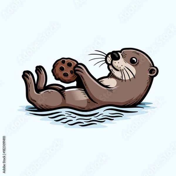 Obraz fun otter hold cookie laying on water cartoon character cartoon isolated drawing line style design illustration