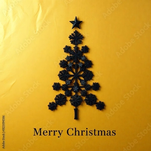 Fototapeta Minimalist Christmas Tree Made of Black Snowflakes on Gold Background Modern Dark Festive Holiday Greeting Card_4