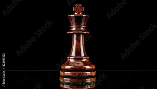 Obraz A carved wooden chess king stands alone against a black backdrop, symbolizing power and strategic leadership.