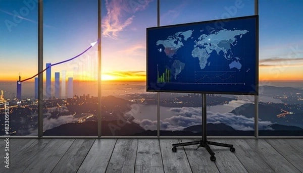 Obraz Modern conference room with global map and digital growth chart symbolizing business expansion and success.