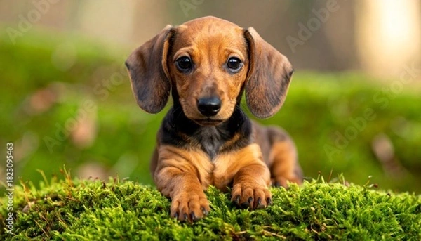 Obraz A young dachshund puppy rests on vibrant green moss, gazing sweetly in a soft forest setting.