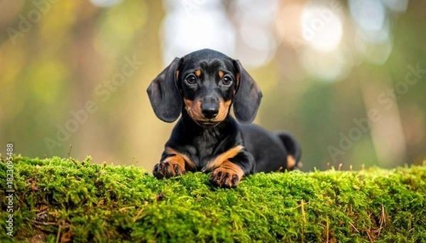 Obraz A young dachshund puppy rests on vibrant green moss, gazing sweetly in a soft forest setting.