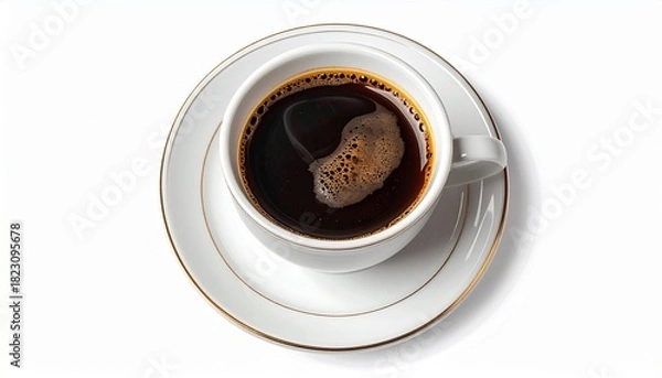 Obraz Fresh black coffee in a white ceramic cup, simple and elegant against a clean white background.