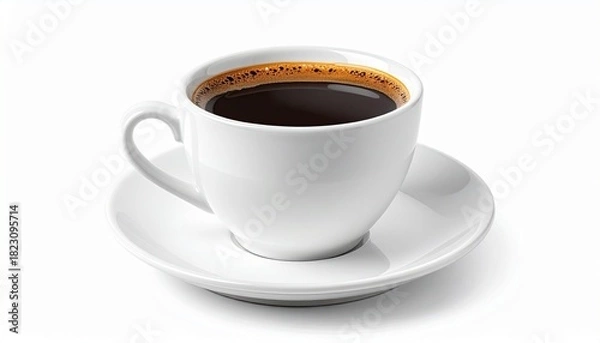 Obraz Fresh black coffee in a white ceramic cup, simple and elegant against a clean white background.
