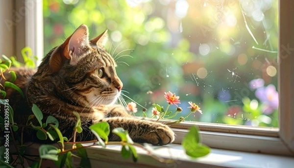 Obraz A tabby cat basks in golden sunlight on a windowsill, gazing peacefully at a blooming garden.