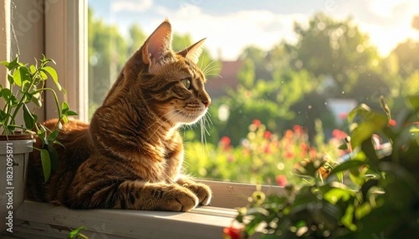 Obraz A tabby cat basks in golden sunlight on a windowsill, gazing peacefully at a blooming garden.