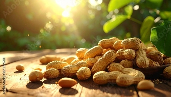 Obraz Freshly harvested peanuts rest on lush green foliage under warm golden sunlight in a serene farm field.