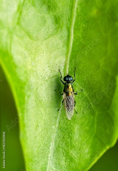 Fototapeta Metallic Green Fly Macro on Leaf—Tiny Insect Close-Up