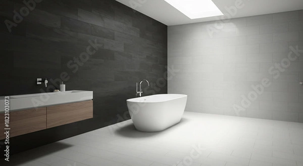 Fototapeta Brightly lit modern bathroom showcasing a pristine white freestanding bathtub and elegant floating vanity under soft natural light. AI Generated