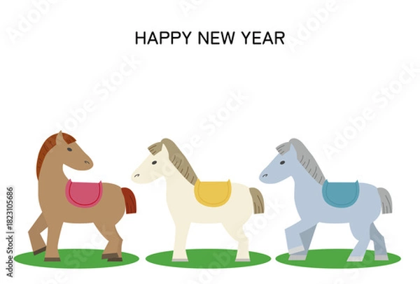 Obraz 色違いの３頭の馬による午年年賀状イラスト