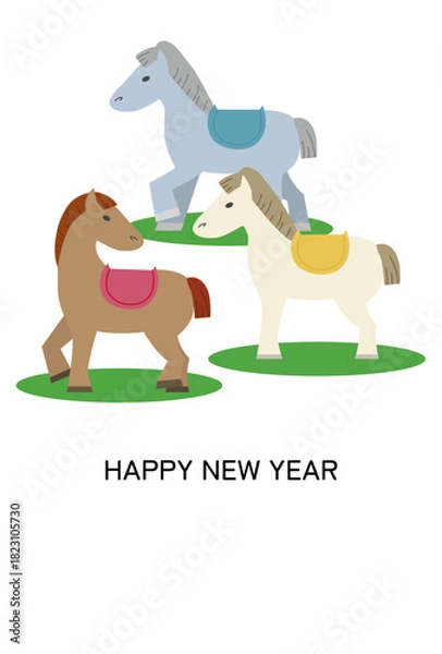 Obraz 色違いの３頭の馬による午年年賀状イラスト