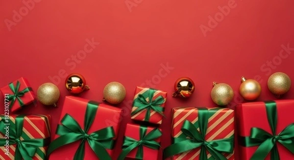 Obraz Elegant christmas presents and sparkling ornaments on a red backdrop