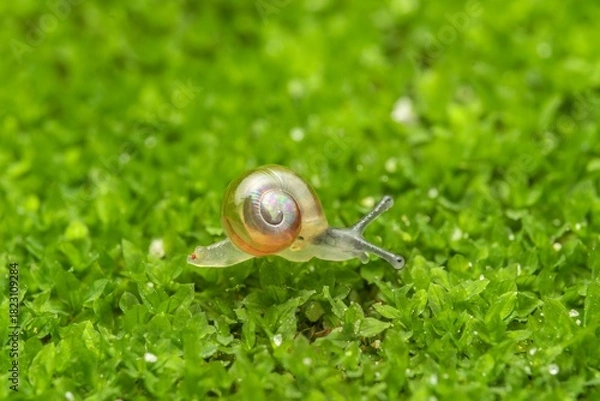 Fototapeta Macro of Tiny Translucent Snail Crawling on Fresh Green Moss