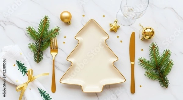 Obraz Christmas table setting with tree plate isolated on white background