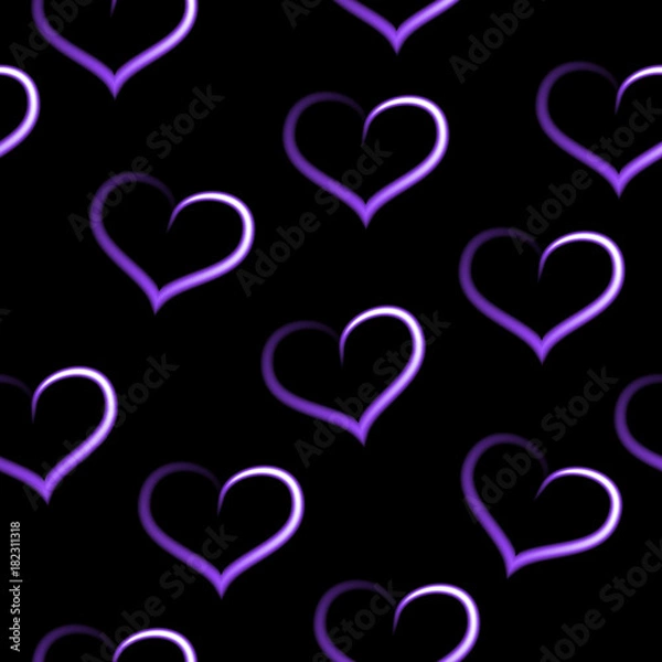 Obraz Purple hearts fading, seamless pattern, black vector background.