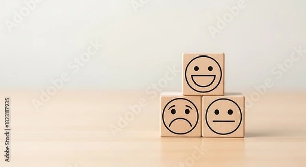 Obraz Customer satisfaction and user experience rating concept. Wooden blocks display happy, sad, and neutral face emojis for feedback