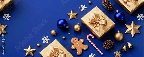 Fototapeta  Luxury Christmas Flat Lay Background with Golden Gifts and Ornaments on Dark Blue