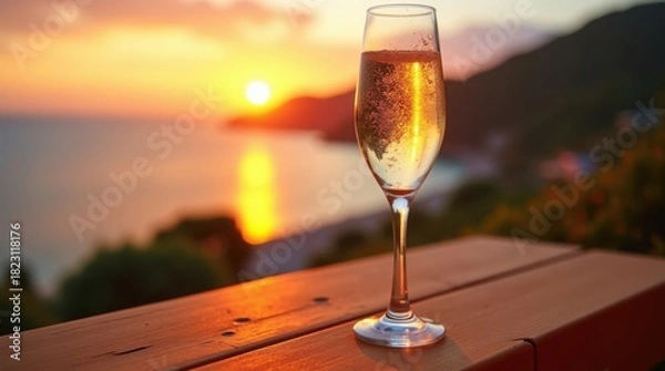 Fototapeta Golden Sunset Reflections with Sparkling Wine by the Seaside Bliss
