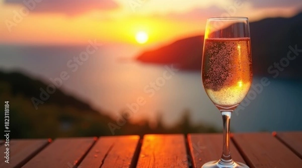 Fototapeta Golden Sunset Reflections with Sparkling Wine by the Seaside Bliss