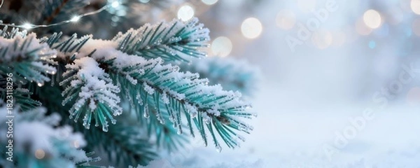 Fototapeta  Christmas Background with Pinecones and Bokeh Lights on Turquoise Copy Space